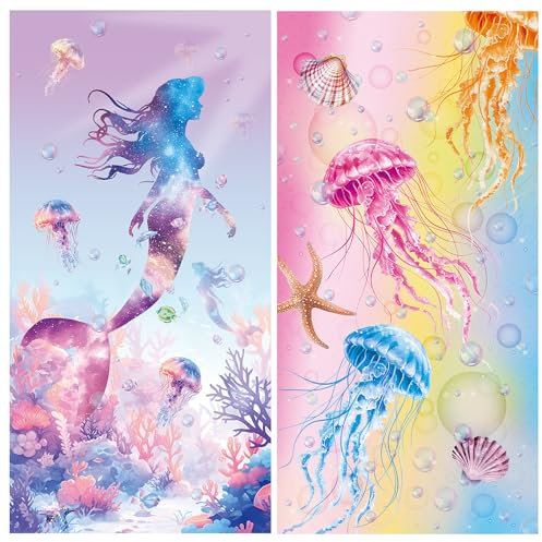 Queenshin Mikrofaser Strandtuch Strandhandtuch 2 Stück - Handtuch Strandlaken Badetuch Groß 150 x 75 cm, Super Saugfähig Sandfreie Schwimmhandtücher für Männer und Frauen Meerjungfrau Qualle