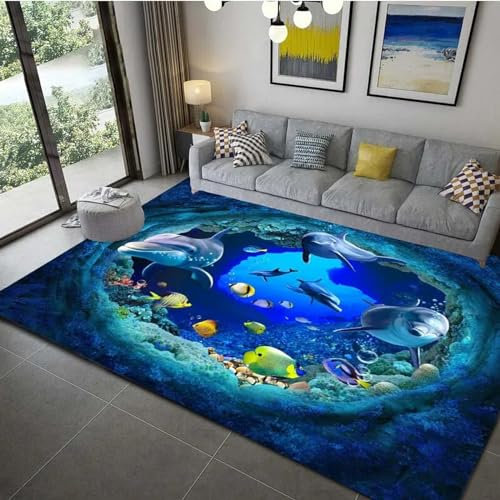 Kind Teppich 140 X 200 Cm / 55.11 X 78.74, Schlafzimmer Teppich, 3D Teppiche Wohnzimmer Teppiche Weich Rutschfest Teppich Für Wohnzimmer Schlafzimmer Bettvorleger Meerestiere, Delfine, Korallen -6R7