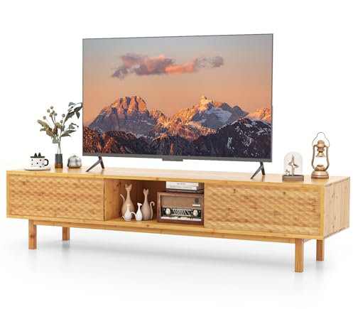 GYMAX TV Schrank aus Bambus, TV Lowborad für Fernseher bis zu 70 Zoll, moderner Fernsehschrank mit Kabelmanagement, Schiebetüren & 3 Fächern, TV-Schrank für Wohnzimmer, Natur, 160 x 40 x 38 cm