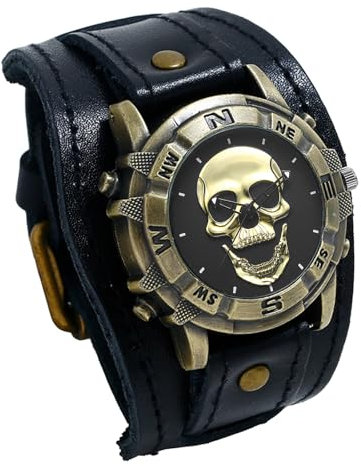 JewelryWe Herrenuhr Totenkopf Echtleder Uhr: Vintage Steampunk Gold Gothic Schädel Armbanduhr Herren Schwarz Breit Lederarmband Biker Sport Lässige Uhr für Männer Halloween Party