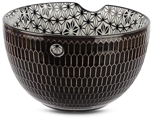 Coopay Bol en céramique pour laine - Exquis et épais - Grand bol en laine - Fait à la main - Avec trou pour fil et fente pour étagère - 16 x 10 cm - Cadeau artisanal - Noir et blanc