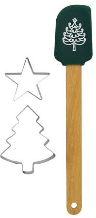 Zenker Christmas Baking Set, Silicone Spatula & 2 Cookie Cutters | Xmas Tree & Star, Non-stick Non-Scratch Spatula with Xmas Tree Motif, Stainless Steel Cutters, Green Spatula & Silver Cutters