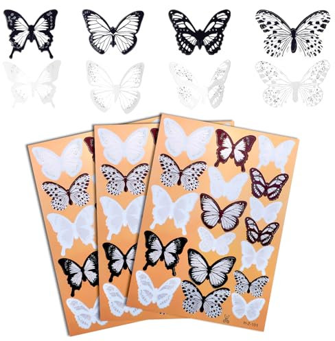 3D Schmetterlinge für Die Wand 54 Stück Wandtattoo Schmetterlinge Schwarz Dekoration Weiß Wanddeko Abnehmbare Schmetterling Wandtattoo Silber Schwarz Wandaufkleber für Party Kinderzimmer Schlafzimmer