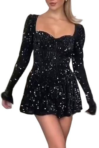 BOLLEY JOSS Damen Pailletten Minikleid Elegant Sparkly Flowy Swing Kleid Sexy Sweetheart Neck Langarm Prom Party Kleider