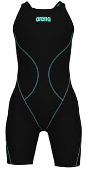 ARENA Girls' Powerskin Impulso Kneeskin Swim Racing Suit Open Back Short Leg Maillot de Bain Une pièce, Noir/Bleu Sarcelle, 26 Fille