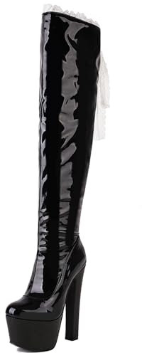 Gicoiz Donna Punta Rotonda Tacco a Blocco Sopra Il Ginocchio Thigh Stivali Alti Plateau Inverno Festa Eleganti Brillantini Sposa Scarpe da Sera Nero Numero 36 EU