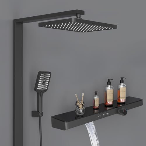 EMKE Colonne de Douche Thermostatique, Verrouillage de Sécurité, Douche Pluie avec Robinet, 3 Modes de Jets, Douche Manuelle, Système de Douche, Noir Mat, 1022x711x605mm