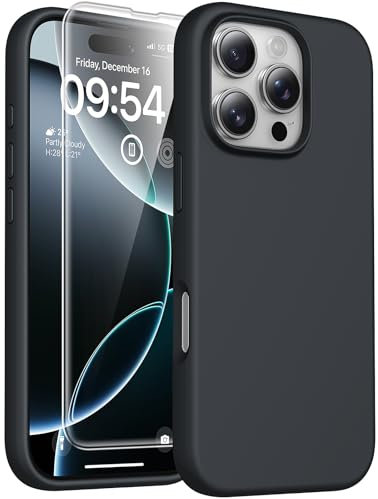 TOCOL 3 in 1 Silicone for iPhone 16 Pro Max Case 6.9-Inch, with 2 Pack HD Screen Protector, Liquid Silicone Slim Silky-Soft Touch Multi-Color Anti-Scratch Shockproof Cover, Black