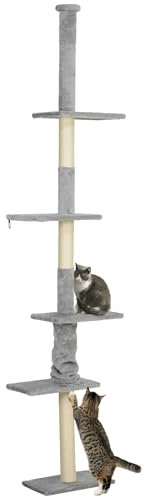 PawHut Árbol para Gatos de Suelo a Techo 225-275 cm Árbol Rascador para Gatos Torre para Gatos con Múltiples Plataformas Sistema de Antivuelco Gris Claro