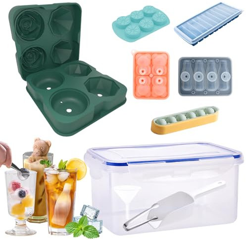 Bac a Glacon, 6pcs Bac Glacon Silicone Réutilisable, Diversification Moule en Silicone Convient aux Boissons aux Fruits et au Whisky, Avec Pince à Glace, Pelle à Glace et Boîte de Rangement Pour Glace
