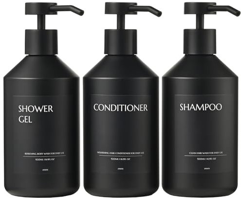 Janxin 3 pcs Seifenspender Schwarz, Hand Soap Bottle and Washing-Up Liquid Bottle for Kitchen and Bathroom with Waterproof Labels 500 ml(Schwarze Flasche + schwarzer Kopf)