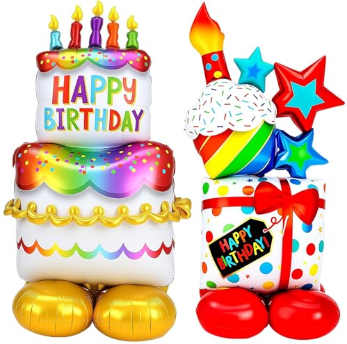Happy Birthday Folienballon XXL + Stehender Geburtstagsballon Set,Wiederverwendbar & Groß (bis 90 cm) 2 Stück – Für Mädchen, Jungen & Erwachsene Geburtstag Deko
