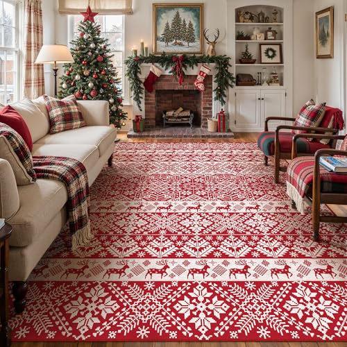 PureCozy groß Wohnzimmer Teppich Weihnachtsteppich, 240x300 cm Schneeflocke Elch Waschbar rutschfest Weihnachtsdeko Carpet für Schlafzimmer KüChe Esszimmer BüRo, XXL Innen Roter Weicher Kurzflor Rug