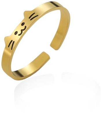 VASSAGO Niedlicher Katzenring für Damen und Herren verstellbar zierlich stapelbar Kätzchenringe satinloser Stahlschmuck für Katzenliebhaber