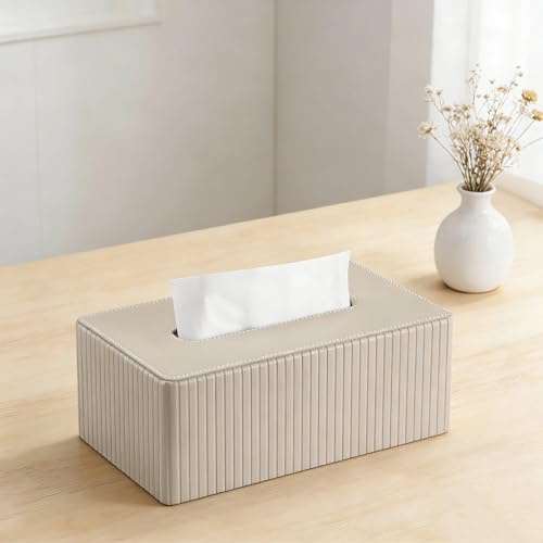 ASOUUNLD Kosmetiktücherbox Taschentuchbox aus PU Leder mit Magnetverschluss Rechteckige Tissue Box mit Streifendesign Tücherbox Beige Taschentuchspender für Wohnzimmer Büro Küche (25,3x13,8x11,5 cm)