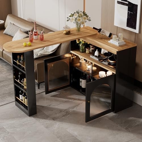 Yihomfy Îlot de Cuisine Extensible 138-205 cm, Table Bar Pivotante 360°, Meuble Rangement Porte Vitrée et Étagères, Table Haute Moderne pour Salle à Manger et Bar (Noir, 138 x 35 x 105 cm)