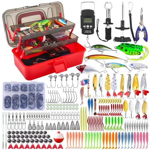 314 PCS Angelzubehör Set mit Köderbox, Angelköder Set und Werkzeugset mit Lippenclips, Hakenentferner, Löffelblinker, Spinner, Jigs, Angelausrüstung für Kinder Erwachsene Anfänger- Angeln Geschenk