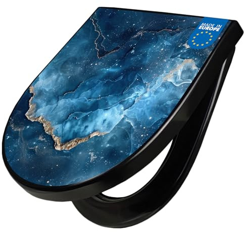 banjado WC Sitz mit Absenkautomatik D Form - Toilettendeckel mit Absenkautomatik D Form - Klodeckel Softclose - stabile Klobrille - Toilettensitz Schwarz - Motiv Blauer Marmor mit Gold 1