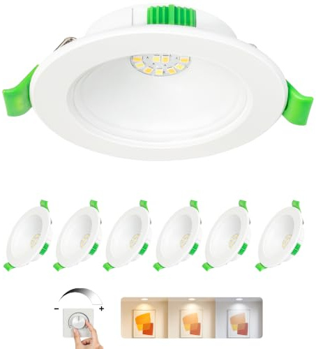 Laiebri LED Einbaustrahler 230V Dimmbar 6er Set, 5W Ultra Flach Spots Deckenleuchte, LED Spot 230V 3CCT mit IP44 Wasserdicht für Badezimmer Küche Wohnzimmer, Ø68-75mm Lochmaß, Weiß
