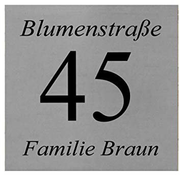 ID Hausnummer Schild mit Gravur nach Wunsch Edelstahl in 5 Größen mit 4 Bohrungen (15x15 cm)