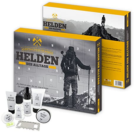itenga Adventskalender für Männer Helden des Alltags Bergmotiv grau schwarz gelb gefüllt mit 24 Überraschungen für den Mann