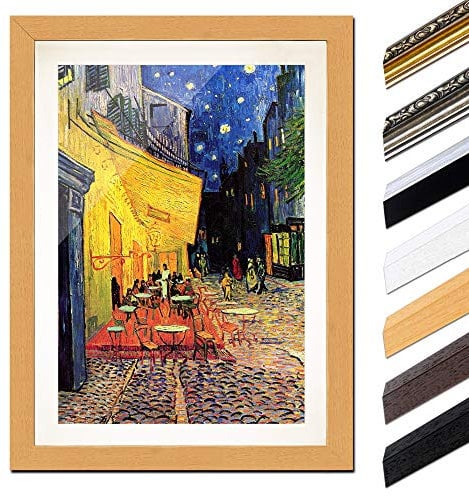 Bild mit Rahmen - Vincent van Gogh Caféterrasse am Abend 60x80 cm ca. A1 - Gerahmter Kunstdruck inkl. Galerie Passepartout Alte Meister - Rahmen buche