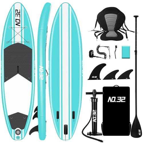 Aufblasbares SUP Board für Stand Up Paddle Board (15cm Dick) | Surfbrett Sets mit Hochdruck-Pumpe + Verstellbare Paddel + Kajak Sitz + 3 Finnen + Füße TPU Paddle Leash + Großer Rucksack & Reparaturset