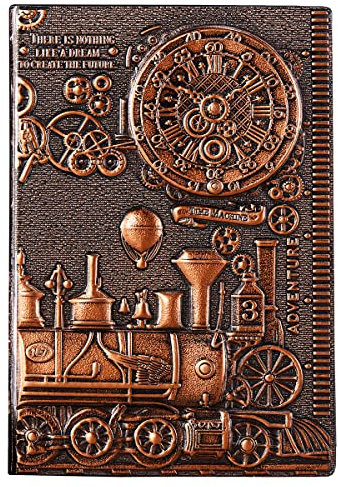 YHH Notizbuch din A5 Liniert, Vintage Leder Tagebuch 200 Seiten, Geprägte Hardcover Journal Buch Reisetagebuch Notebook Schönes Xmas Geschenk für Erwachsene Mädchen Jungen Kinder, 3D Zeitzug Kupfer