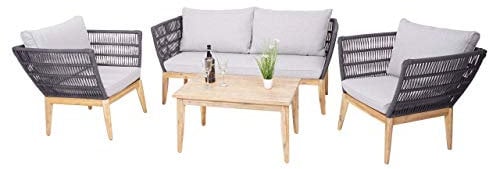 Mendler Gartengarnitur HWC-H55, Lounge-Set Sofa Sitzgruppe, Seilgeflecht Rope Holz Akazie Spun Poly MVG - Kissen hellgrau