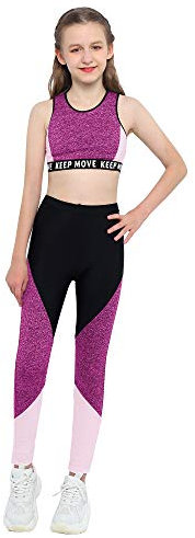 MSemis Conjuntos Deportivos Niña Crop Top Sin Manga+Pantalónes Deportivos Largos Ropa Deportiva Niña Para Gym Yoga Ejercicio Sportswear D Negro+Fucsia 9-10 años