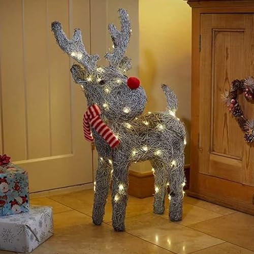 Marco Paul Christmas Reindeer with 80 LED Light - Battery Operated Reindeer Christmas Lights - In-Lit Deer Ornament Rattan Rudolph Xmas Light Up Reindeers Festival Accessories Use for Outdoor