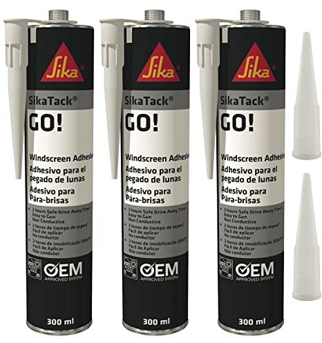 Scheibenklebstoff Sikatack Go, 300ml, Schwarz, 3er Set mit 5 Düsenspitzen