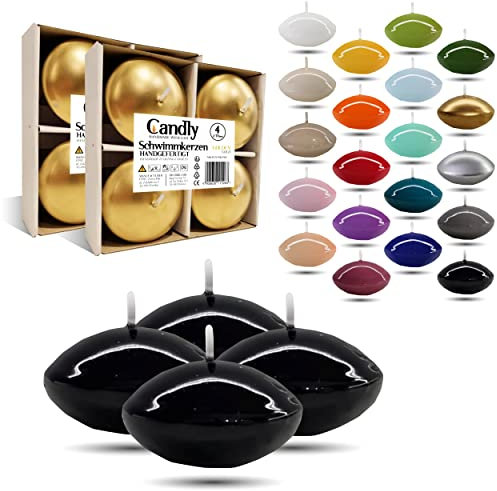 CANDLY HANDMADE© 4x Groß Schwimmkerzen Premium Ø 70mm | Geburtstag & Namenstag, Hochzeit, Hochzeitsempfang, Valentinstag, Ostern, Weihnachten, Elegante Haus Dekoration, Candles, Kerzen (Schwarz)