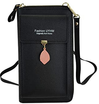 FuninCrea Crossbody Phone Bag, Fashion PU Shoulder Bag With Zipper, Mobile Phone Wallet Bags with Three Layers, Small Cross Body Bag with Metal Leaves for Cellphone, Key, Card (black)