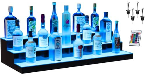 Boss Premium® BarUSA™ LED Lighted Bar Shelf Display Liquor Bottle Alcohol Whiskey Shelves Rack Stand Tray Units for Home Bar Living Room Accessories and Decor - Designed in USA (3-Step, 28 Inch)