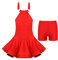 iEFiEL Mädchen Quasten tanzkleid latein Salsa Bauchtanz Outfit Tanzkostüm Crop Top+Rock+Ohrringen+Armstulpen Wettbewerb Pailletten Kleider X Rot 134-140