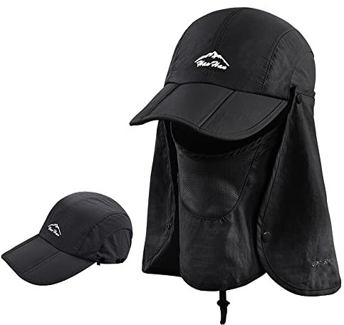 Erwachsene Baseball-Kappe, 3 in 1 Faltbar Schirmmütze mit Gesichts und Nacken UV-Schutz, Wandern Fischen Hut | Sommerhut | Safari Hüte | Baseball Cap für Herren und Damen (Schwarz)