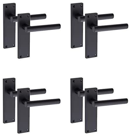 Golden Grace Door Handle Straight T-Bar Modern Lever Backplate for Latch, Matt Black Finish, 4 Pairs - 150mm x 40mm