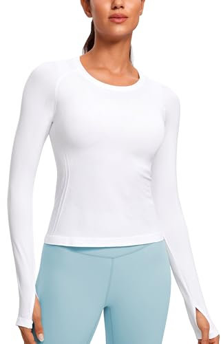 CRZ YOGA Women's Seamless Sports Long Sleeve Shirts Ribbed Running Shirt with Thumb Hole Breathable Quick Dry Fitness Tops White 12