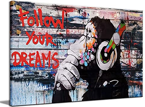 Gerahmtes Banksy-Graffiti-Leinwandkunst, Follow Your Dreams, Affen-Poster mit Kopfhörern, Straßenmalerei, Bild, Männerhöhle, Wanddekoration, fertig zum Aufhängen, 40x60 cm (BxH)