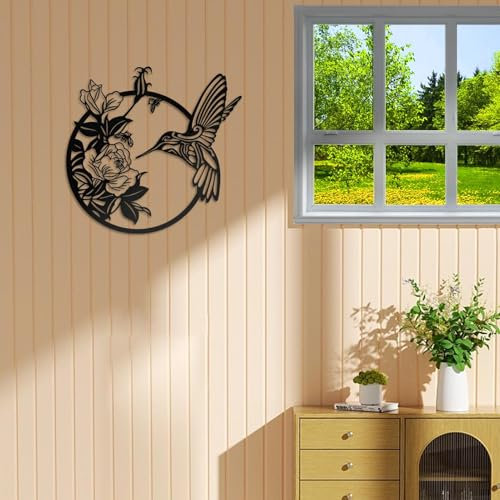 ruelen Round Metal Bird Wall Art Decor, Black Wall Decor, Hummingbird Wall Art Silhouette Hanging for Indoor Living Room Bedroom Office Corridor and Outdoor Garden Patio Fence Decoration (Bird Flower)