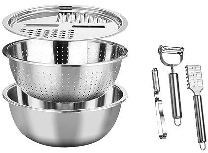 WAGLOS Bacino Multifunzionale in Acciaio Inossidabile 3 in 1 Cucina Schermo Steeve Salibro Ciotola Stringbing Set Julienne Slicer Setaccio Lavaggio Ciotola 3 Pezzi Set 26 cm,Argento