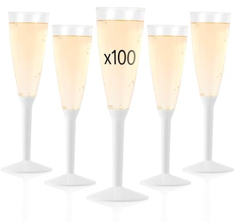 Lot de 100 Flutes Champagne Plastique Lavable et Réutilisable 14cl - Verre Plastique 100% Recyclable, Grande Stabilité, Rigidité Design Élégant - Parfait pour Anniversaire, Mariage (Blanc)