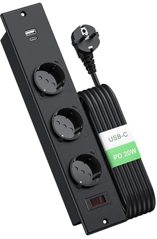 Prise encastrée avec USB-C, 3 prises encastrées, avec 2 ports USB, câble de 2 m et protection contre les surcharges, pour cuisine, bureau, plan de travail, établi - Noir