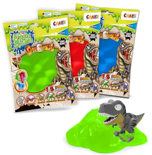 CRAZE Magic Slime 6 Foil Bag confezione di 75ml, include 1 statuina di Dinorex, Borsa di slime per bambini, Slime magico in una borsa Assortito