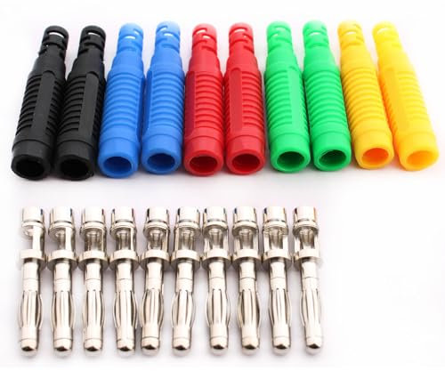 RUNCCI-YUN 10Pcs Fiches bananes isolées 4 mm, 4mm souder mâle fiche Banane pour fils de test de multimètre(noir bleu rouge vert jaune)