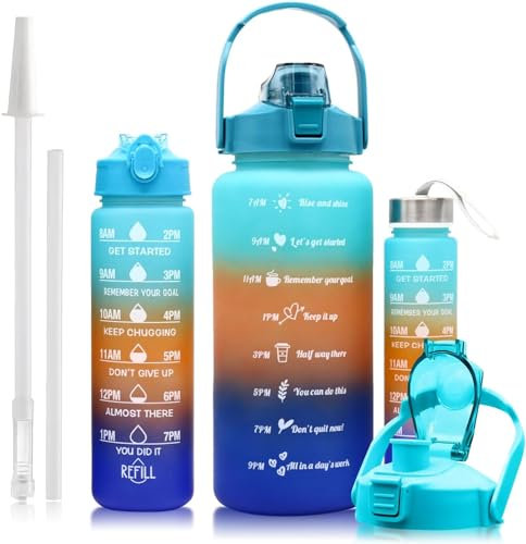 cutecool 3-piece 64OZ 26oz 9oz water bottle set sports, BPA free, leak proof and inspirational water bottle cup with drinking straw