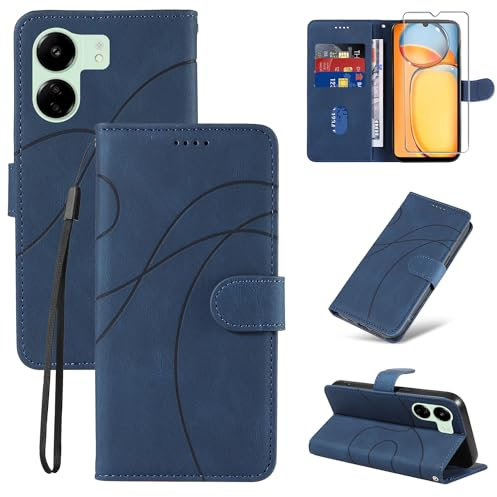 Handyhülle für Xiaomi Redmi 13C / Poco C65 Hülle und 1 Stück Panzerglas Schutzfolie, Premium PU Leder Flip Case Magnet Kartenfach Standfunktion Schutzhülle für Xiaomi Redmi 13 C/Poco C65 - Blau