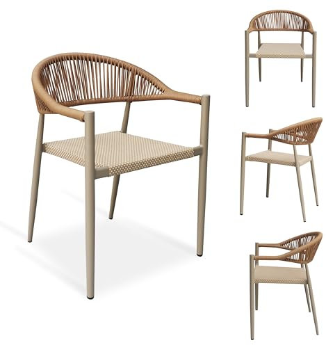 Erotr Stapelbare Esszimmerstühle 4er Set: Aluminium Rattan Terrassenstuhl mit Armlehnen, Seil Metall Sessel Outdoor, Keine Montage für Bistro Garten Balkon Veranda Deck Hof Café Restaurant, Hellbraun