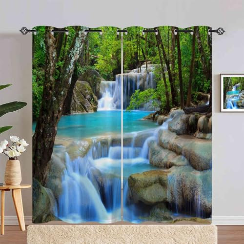 ANHOPE Natur Wald Wasserfall Creek Verdunklungsvorhänge mit Ösen Blickdichte Gardinen Thermo Vorhänge Blackout Curtain Weich Wohnzimmer Schlafzimmer Vorhang 2er Set H 245 x B 140 cm